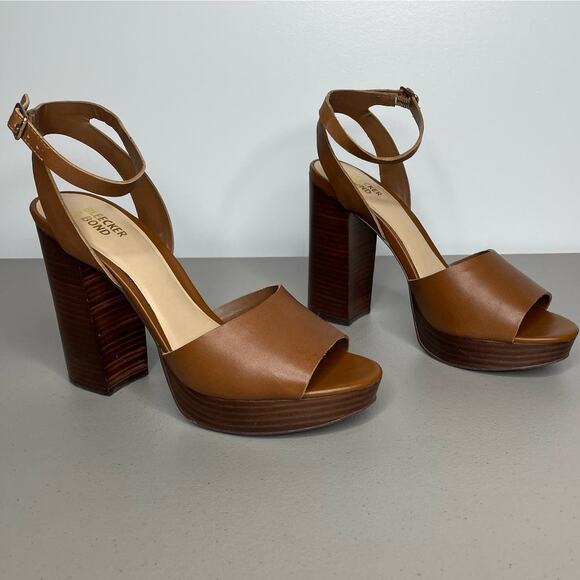 Bleecker & Bond Sienna Leather Ankle Strap Block Heel Platform Sandal Brown 7.5 - Picture 3 of 8